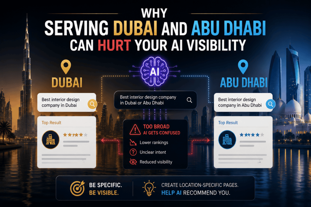 Many UAE service businesses serve clients across Dubai, Abu Dhabi, and sometimes Sharjah or the Northern Emirates. Their website says "UAE-wide service." Their content uses "UAE" as the primary geographic reference. Their Google Business Profile is listed in Dubai but their description mentions Abu Dhabi. The result, counterintuitively, is that AI search tools frequently recommend them for neither city with the confidence they would receive if they had positioned for one city specifically. This article explains why multi-city positioning without city-specific content actually undermines AI search recommendation performance in both markets, and how to build genuine multi-city visibility rather than diffuse UAE-wide presence. The Multi-City Visibility Paradox The paradox is this: a UAE-wide claim without city-specific content signals to AI engines that the business is less relevant to Dubai queries than a Dubai-specific competitor, and less relevant to Abu Dhabi queries than an Abu Dhabi-specific competitor, leaving the UAE-wide business weaker in both city markets than a narrower competitor in either one. AI search systems are designed to match the most relevant entity to a specific query. When someone in Abu Dhabi asks Perplexity to recommend a digital marketing agency in Abu Dhabi, the AI ranks entities by how specifically their signals match the query. An agency with an Abu Dhabi address, Abu Dhabi-specific reviews, Abu Dhabi case studies, and an About page that specifically mentions Abu Dhabi clients is a stronger match than an agency that lists UAE as its market and mentions Abu Dhabi once in passing. The Dubai-based agency with "UAE-wide" positioning is penalised not because it does not serve Abu Dhabi, but because its entity signals do not specifically demonstrate Abu Dhabi relevance with the same specificity that a locally-positioned competitor can provide. How AI Search Engines Resolve City-Specific Queries AI search engines use a layered approach to geographic query resolution. Physical location signals. Google Business Profile address and Local Pack presence are the strongest signals for the city where the business is physically located. For city-specific queries, the physical presence signal is heavily weighted. Content specificity signals. Content that specifically names the city in context, not just as a passing mention but as the subject of specific claims, examples, and case studies, is a content-level city signal. An article about "digital marketing for Dubai real estate agencies" generates Dubai-specific relevance signals. An article about "digital marketing for UAE real estate agencies" generates weaker city-specific signals. Review location signals. Google reviews that mention the city where the service was received generate location-specific review signals. "They transformed our Dubai clinic's online presence" is a Dubai-specific review signal. "Great service, highly recommend" is location-agnostic. Schema location data. LocalBusiness schema with a specific city address generates schema-level city signals. A business with a Dubai address in its schema but claims to serve all of the UAE has a mixed signal that is resolved in favour of the schema address for most queries. Why Generic UAE Coverage Produces Weak City-Level Results A service business that uses "UAE" consistently as its geographic reference generates signals that are too broad for city-level recommendation queries. The AI search system sees: GBP in Dubai, so strong Dubai local signals Content using "UAE" throughout, so weak city-specific content signals for any city Reviews from clients who are presumably in Dubai (given the GBP location) but the reviews do not specify Schema with a Dubai address but copy claiming UAE-wide coverage The resulting entity profile is strongest for broad, UAE-level queries ("digital marketing agency UAE") and weakest for city-specific queries in the second city ("digital marketing agency Abu Dhabi"), where a locally-positioned competitor consistently outperforms it. This is not a limitation imposed by AI systems. It is a reflection of genuinely weaker relevant signals for the specific query context. The AI is correctly identifying that the UAE-wide positioned business has weaker Abu Dhabi-specific evidence than a locally-positioned Abu Dhabi competitor. The Dubai-Focused vs UAE-Wide Trade-Off For most UAE service businesses, the practical trade-off is: Dubai-focused positioning: Strongest AI recommendation performance for Dubai queries. Weak to zero performance for Abu Dhabi queries. Best for businesses whose primary client base is in Dubai. UAE-wide positioning (without city-specific content): Moderate performance for Dubai queries (diluted by the broad positioning). Near-zero performance for Abu Dhabi queries. Worst of both worlds for businesses trying to serve both markets. Multi-city positioning with city-specific content: Strong performance for Dubai queries AND strong performance for Abu Dhabi queries, but only if the city-specific content architecture is implemented correctly. This is the right approach for businesses genuinely serving both markets but requires significantly more content investment than either of the first two options. The most common mistake UAE businesses make is choosing "UAE-wide positioning" because it seems inclusive, without realising that it produces weaker results for every specific city query compared to the local competitor who focused specifically on that city. How to Build Genuine Multi-City AI Visibility Create dedicated city-specific landing pages for each major market. A dedicated /dubai page and a dedicated /abu-dhabi page with city-specific content (local client examples, local case studies, specific location references, local team presence if applicable) give AI engines city-specific content signals that the generic UAE service page cannot provide. Build city-specific content clusters. Blog content, FAQ content, and case studies that specifically name and address each city create a content cluster that reinforces city-level relevance. "How GEO works for Abu Dhabi service businesses" generates Abu Dhabi-specific content signals. "How GEO works for UAE service businesses" generates UAE-wide content signals that are less specific to either city. Generate city-specific reviews. Ask Abu Dhabi clients specifically to mention Abu Dhabi in their reviews. Ask Dubai clients to mention Dubai. The geographic specificity in review text is a meaningful AI signal for city-level recommendation queries. Consider a secondary GBP listing for the second major market, if physically justified. A second GBP listing with an Abu Dhabi address (using a real office address, not a virtual office that violates GBP terms) gives the second-city market a physical presence signal that significantly strengthens AI recommendation performance in Abu Dhabi. Use city-specific structured data on city landing pages. LocalBusiness schema on the /dubai page should reference the Dubai address. LocalBusiness schema on the /abu-dhabi page should reference the Abu Dhabi address. This creates schema-level city disambiguation that AI systems use for geographic query resolution. The GEO services for UAE businesses that BRB delivers for multi-city clients include a specific multi-city content architecture audit, because the entity signal fragmentation from UAE-wide positioning is one of the most common and most fixable causes of underperformance for UAE businesses trying to serve multiple major markets. Any Generative Engine Optimization Dubai programme that does not address city-level disambiguation as a specific deliverable is leaving a recoverable gap in multi-market clients' AI search performance. What the Content Architecture Looks Like For a UAE service business genuinely serving both Dubai and Abu Dhabi, the content architecture that produces strong multi-city AI visibility has these components: Home page: Clear service description using UAE as the market, with explicit mentions of both Dubai and Abu Dhabi in the primary copy. Dubai service page (/dubai or /services/dubai): Full service description written specifically for Dubai clients, with Dubai-specific case examples, Dubai-specific content, and a Dubai physical address in the LocalBusiness schema. Abu Dhabi service page (/abu-dhabi or /services/abu-dhabi): Full service description written specifically for Abu Dhabi clients, with Abu Dhabi-specific case examples, and Abu Dhabi contact or location information. City-specific blog content: At least 3 to 5 articles that specifically name each city in their title and content. These generate city-level keyword relevance that reinforces the landing page city signals. City-specific GBP listings: Ideally one per city with a physical address, each with its own review profile building. City-specific schema: LocalBusiness schema on each city page that references the correct address for that city. This architecture produces a business with strong entity signals in both city markets rather than diluted signals in both. FAQ Does having a Dubai GBP automatically make my business visible in Abu Dhabi queries? Not for city-specific queries. A Dubai GBP is a strong signal for Dubai local queries and provides some general UAE visibility, but it does not produce Abu Dhabi-specific recommendation performance. Abu Dhabi-specific content and, ideally, an Abu Dhabi GBP listing are needed for strong Abu Dhabi AI visibility. Is it against GBP terms of service to have a listing in a city where I do not have a physical address? Yes. GBP requires a physical, customer-facing address for each listing. Virtual offices and co-working day passes do not meet GBP's verification requirements in practice. The city-specific content architecture can produce meaningful Abu Dhabi visibility without a second GBP if the content signals are sufficiently specific. How much content is needed to build meaningful city-specific AI visibility in Abu Dhabi without a GBP there? A dedicated Abu Dhabi service page plus 4 to 6 Abu Dhabi-specific blog articles and Abu Dhabi-mentioning client reviews will produce a meaningful improvement in Abu Dhabi AI recommendation performance within 3 to 6 months of consistent indexing. Should the Dubai and Abu Dhabi pages be completely different, or can they share similar structure? The structure can be similar, but the content must be genuinely city-specific, not a template with the city name swapped. AI systems can identify near-duplicate content with location names swapped, and near-duplicate pages do not generate independent city relevance signals. Conclusion UAE-wide positioning without city-specific content produces the worst outcome for multi-city visibility: weaker than local competitors in both cities, stronger than neither, while appearing to cover both. The businesses that serve Dubai and Abu Dhabi with genuinely strong AI search visibility in both markets are the ones that have built specific, city-attributed content for each market rather than generic UAE-wide content that nominally covers everything but specifically demonstrates nothing. A web development agency in Dubai building multi-city service architecture needs to treat city pages as independent SEO and GEO assets, not location-swapped template copies. A digital marketing agency in UAE managing SEO and GEO for multi-city clients should be tracking city-level AI recommendation performance separately for each market rather than reporting a blended UAE visibility score that obscures performance gaps in specific cities.